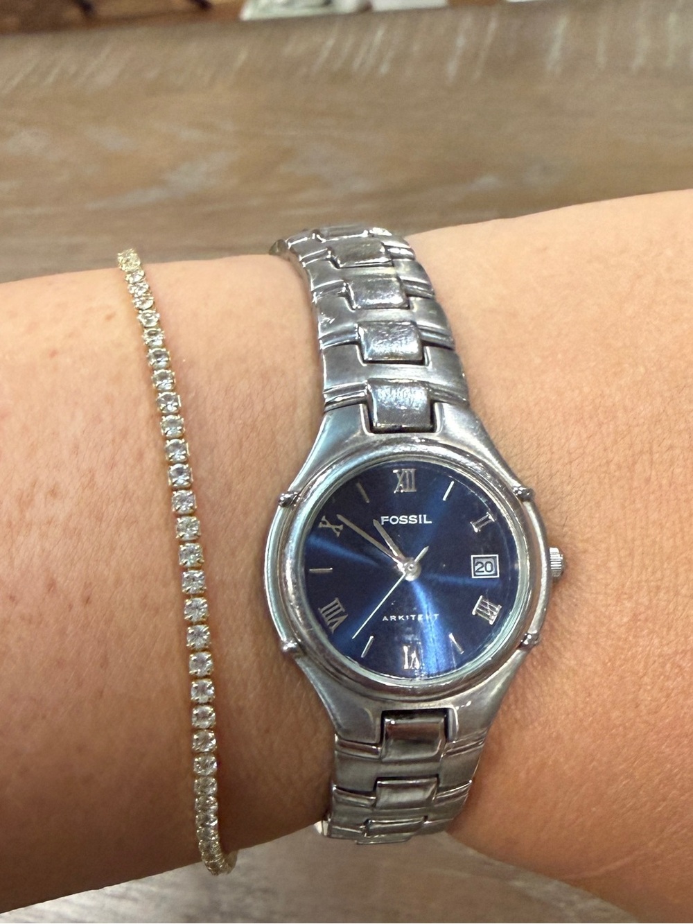 Vintage Fossil Arkitekt stainless steel blue face quartz analog watch